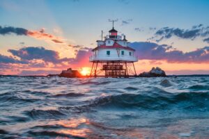 Built in 1875, the iconic Thomas Point Shoal Lighthouse is a National Historic Landmark in the Chesapeake Bay near Annapolis. The lighthouse is expected to open for public tours this year. On dry land, Maryland’s State House stands watch over the capital city, which offers a blend of historic buildings and modern amenities. Annapolis also is home to the United States Naval Academy.