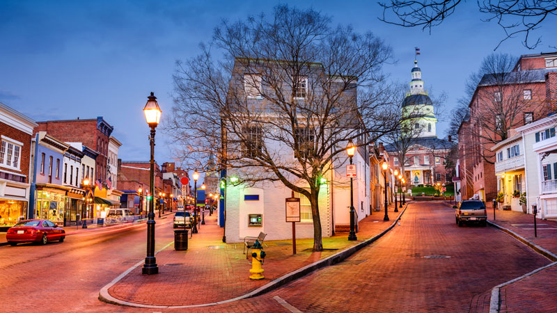 Downtown Annapolis features many quaint streets such as the intersection of Main and Francis streets.
