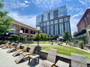 Visitors can always find a place to take a quick rest at Pike & Rose, an entertainment and shopping district in North Bethesda, Md.