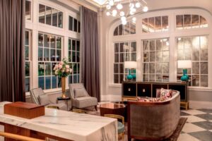 The historic building that houses the The Virginian Hotel, Curio Collection by Hilton is highlighted by caricature drawings of famous people with ties to the state. 