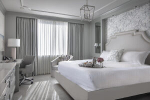 A recently renovated guestroom in New Orleans' Hotel Monteleone.
