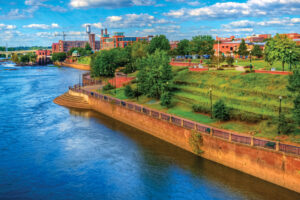 Hugging the banks of the Chattahoochee, the Columbus RiverWalk offers a path for both cyclists and pedestrians.