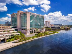 An exterior shot of the Hyatt Regency Jacksonville Riverfront. 