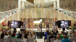 Courtesy Seminole Hard Rock Hotel & Casino Tampa A hall full of people celebrating an announcement by Seminole Hard Rock Hotel & Casino Tampa president Steve Bonner the hotel is donating $400,000 to 20 charities.