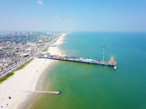 Pleasure Pier in Galveston, Texas, spanning out onto the Gulf of Mexico. 