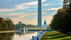 A shot of Washington, D.C. with the Washington Monument and Capital Building in the background. 