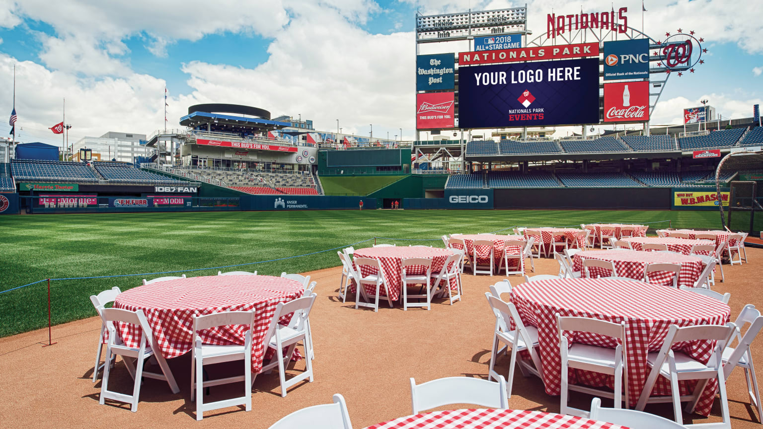 Event tables set out on the playing field at Nationals Park ballpark