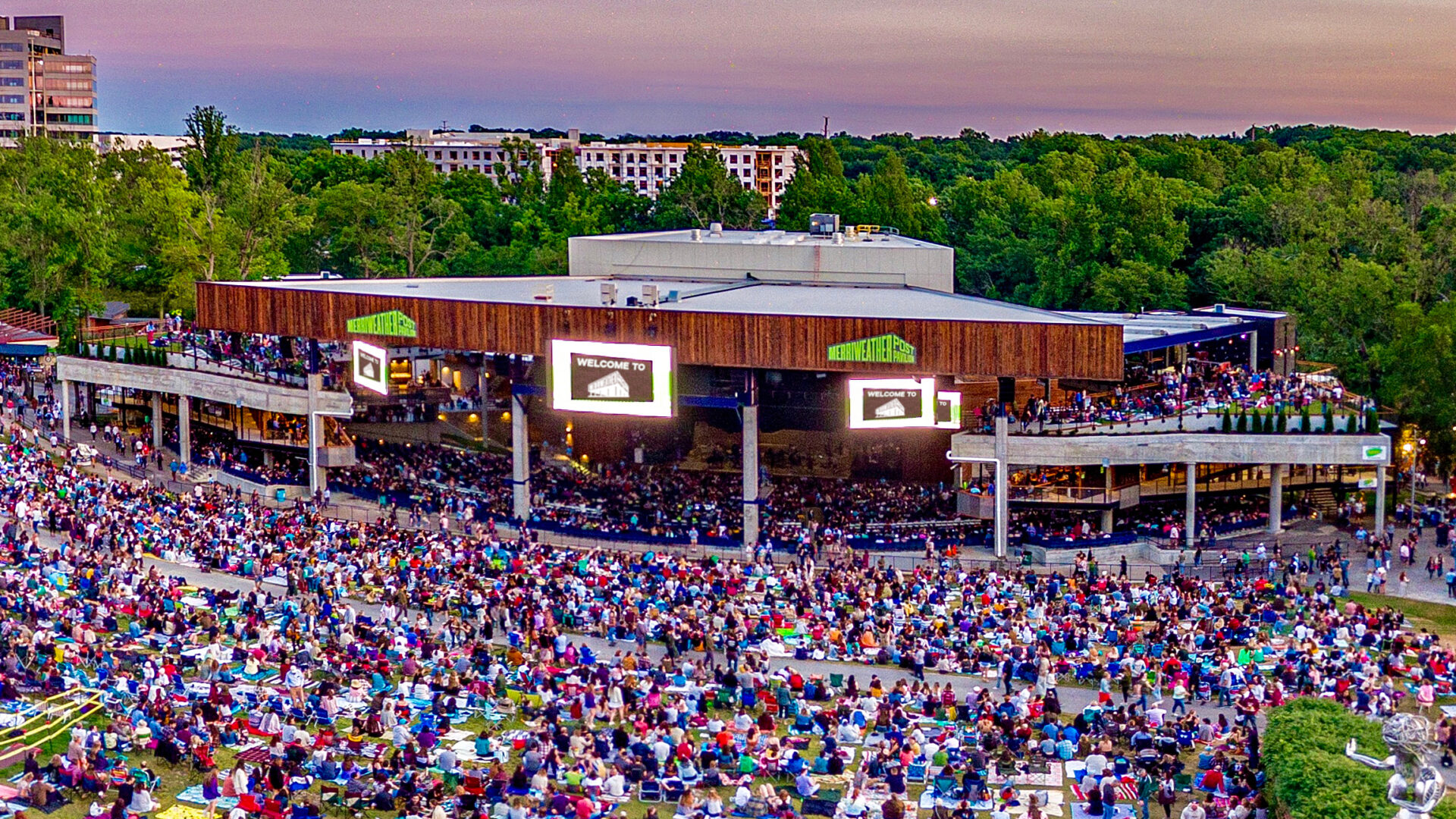 A drone shot of Florence + The Machine at Merriweather Post Pavilion.