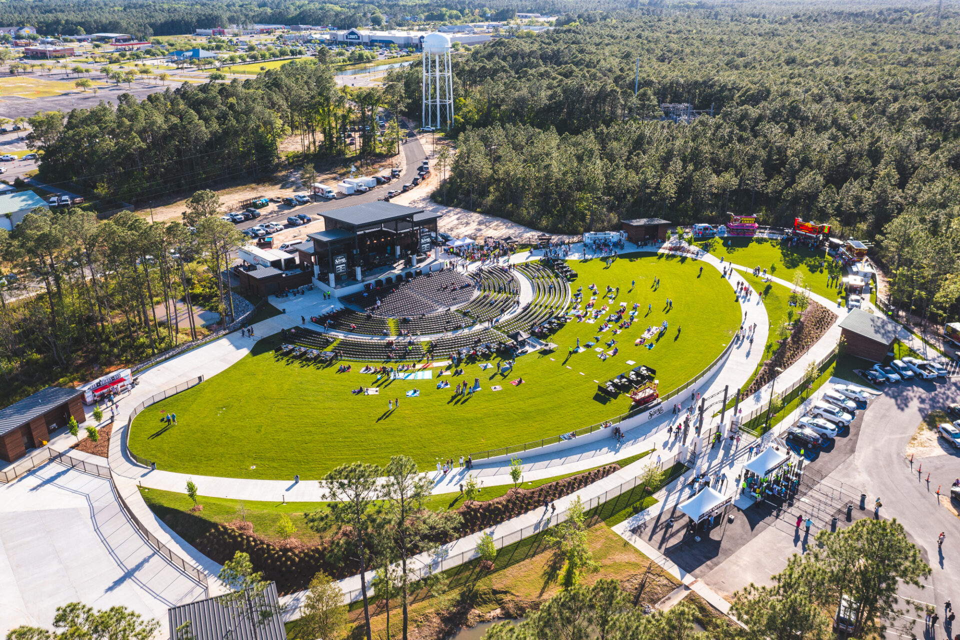 A drone shot of The Sound amphitheater.