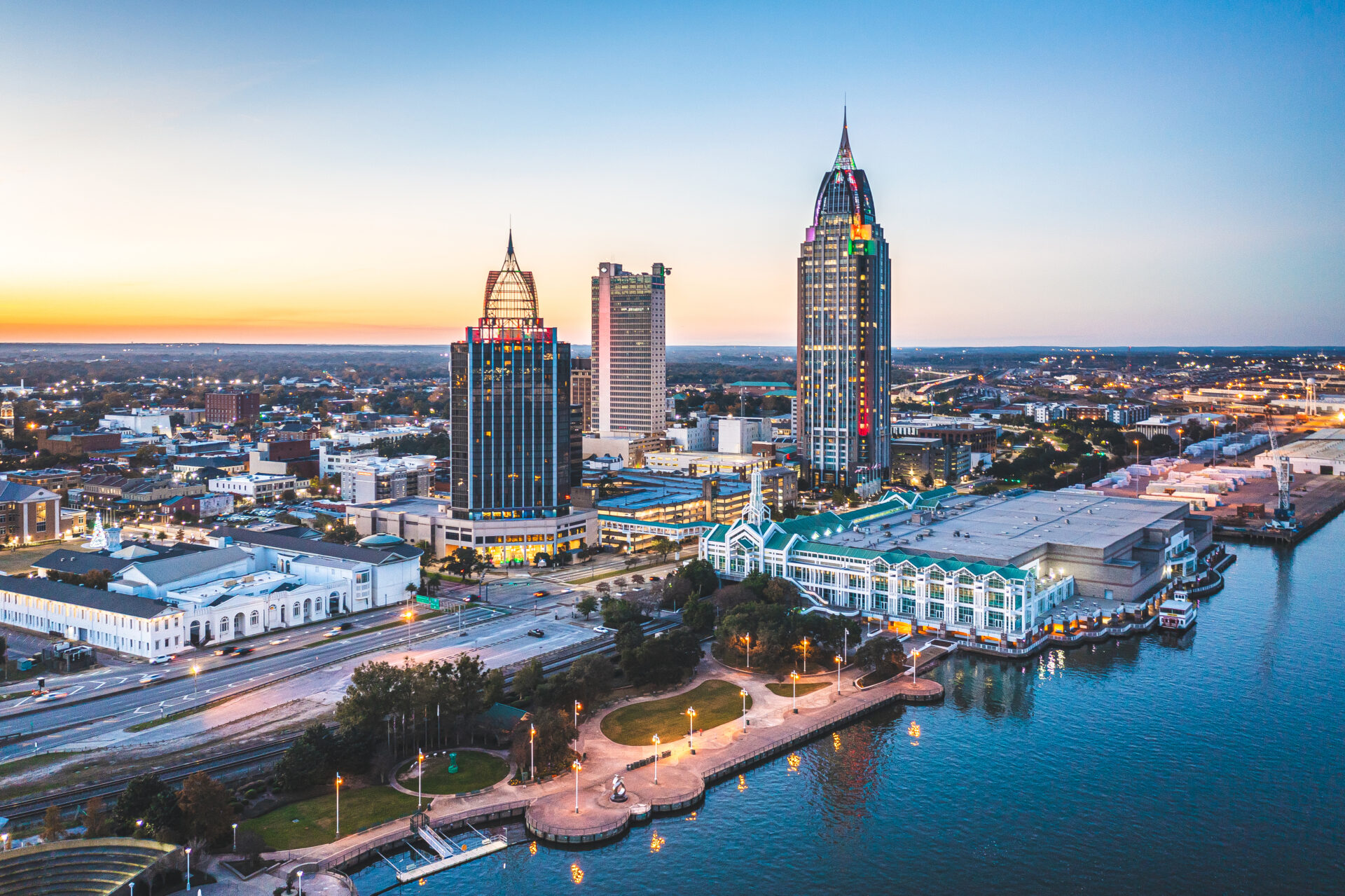 An overview photo of Downtown Mobile at dusk.