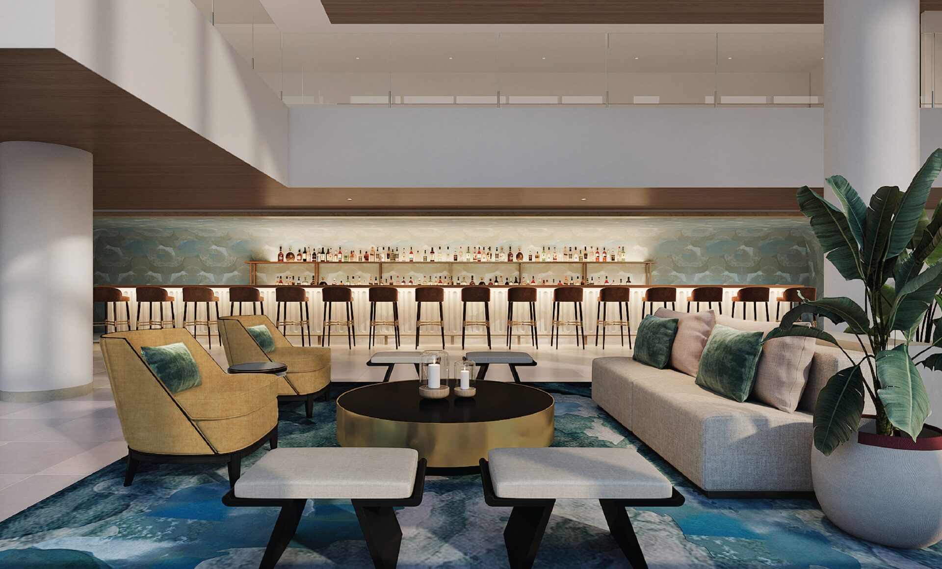 A large bar with a seating lounge area.