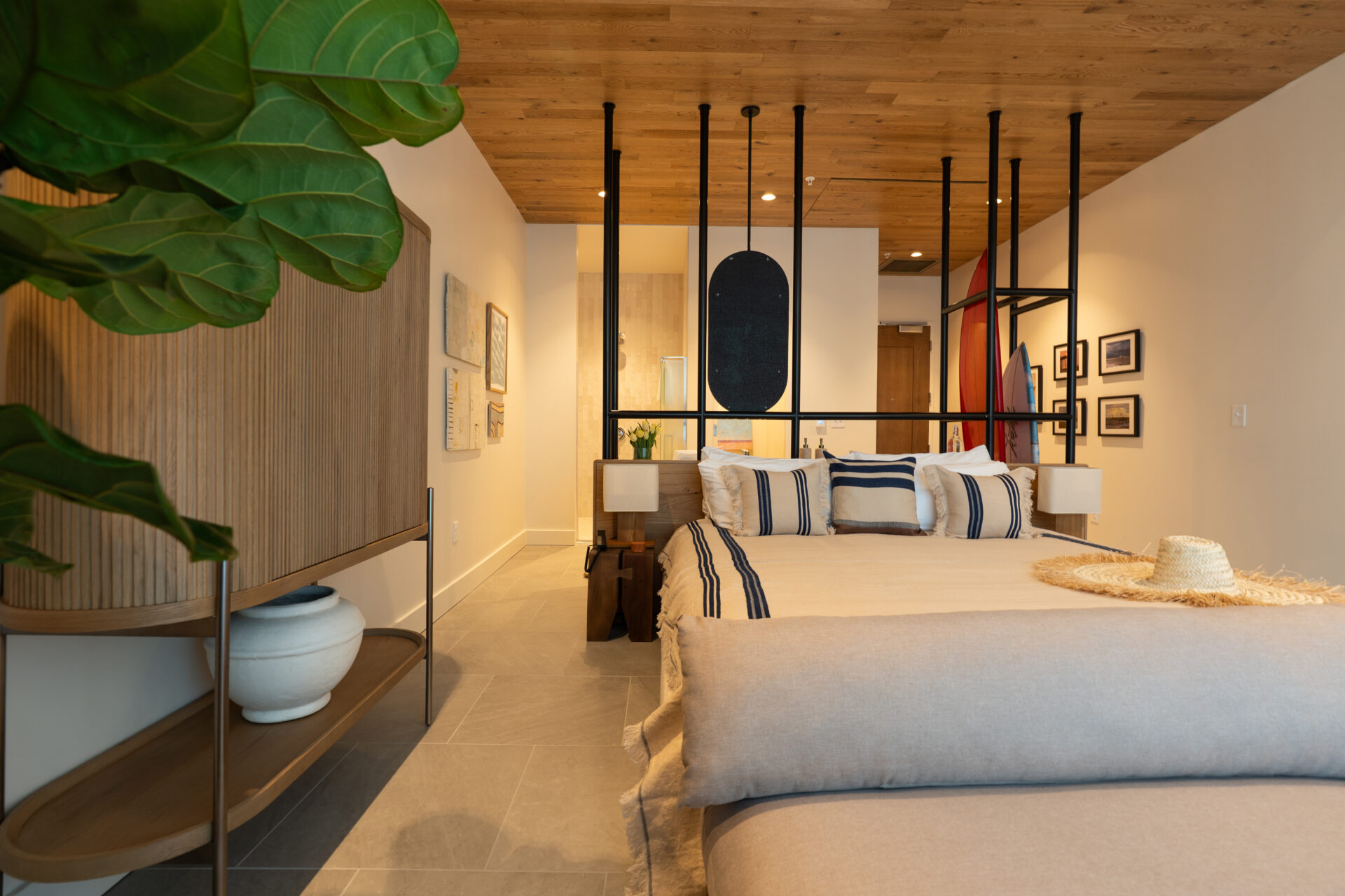 A hotel room with a king-size bed